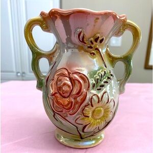 EUC VTG Pearl Iridescent Double Handled Porcelain Vase Made in Brazil